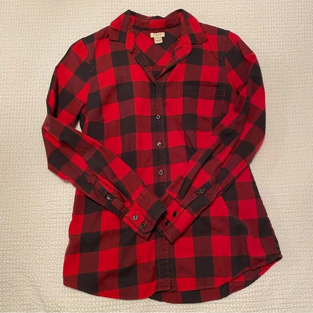 J. Crew | red and black plaid button down - Picture 2 of 4